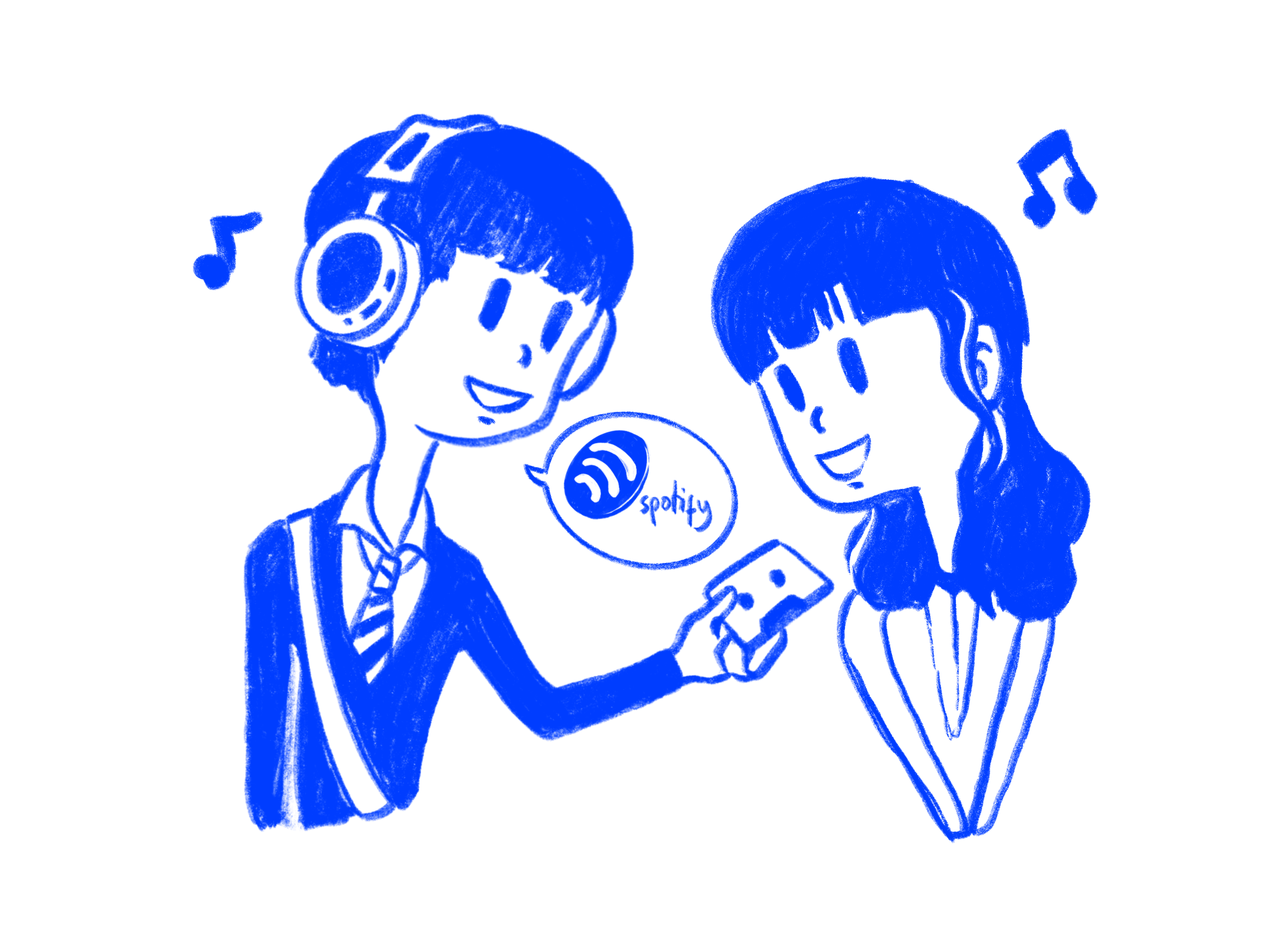 Illustration of a man and a woman interact with each other and show Spotify